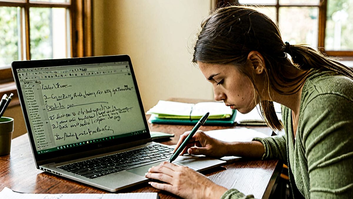 Właścicielka małej firmy porównuje na laptopie i telefonie dwa programy do wystawiania faktur