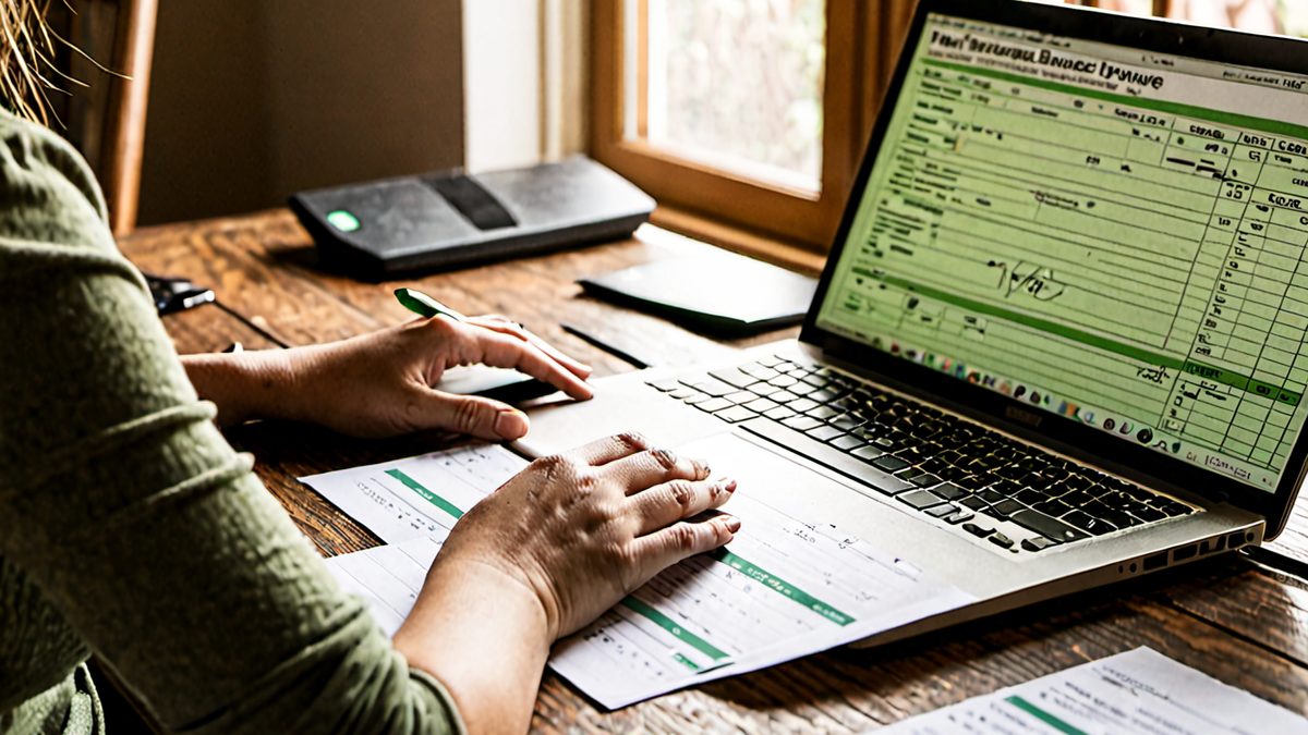 Laptop z formularzem e-faktury na ekranie i kubek kawy na jasnym biurku